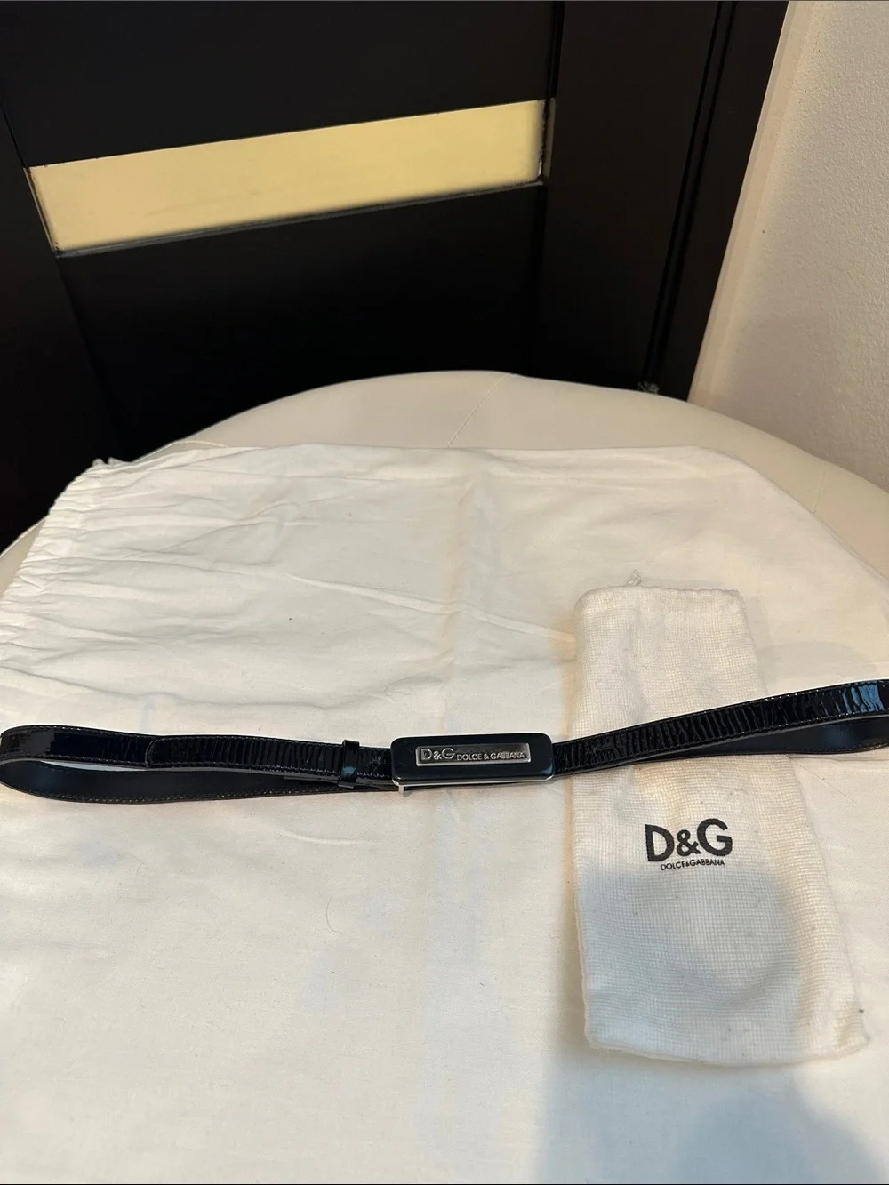 D&G Dolce & Gabbana Black Patent Leather Belt Logo Buckle Size 90